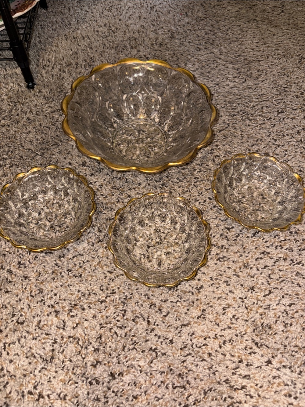Vintage Jeanette Glass Bowl set. Thumb print pattern with Gold trim